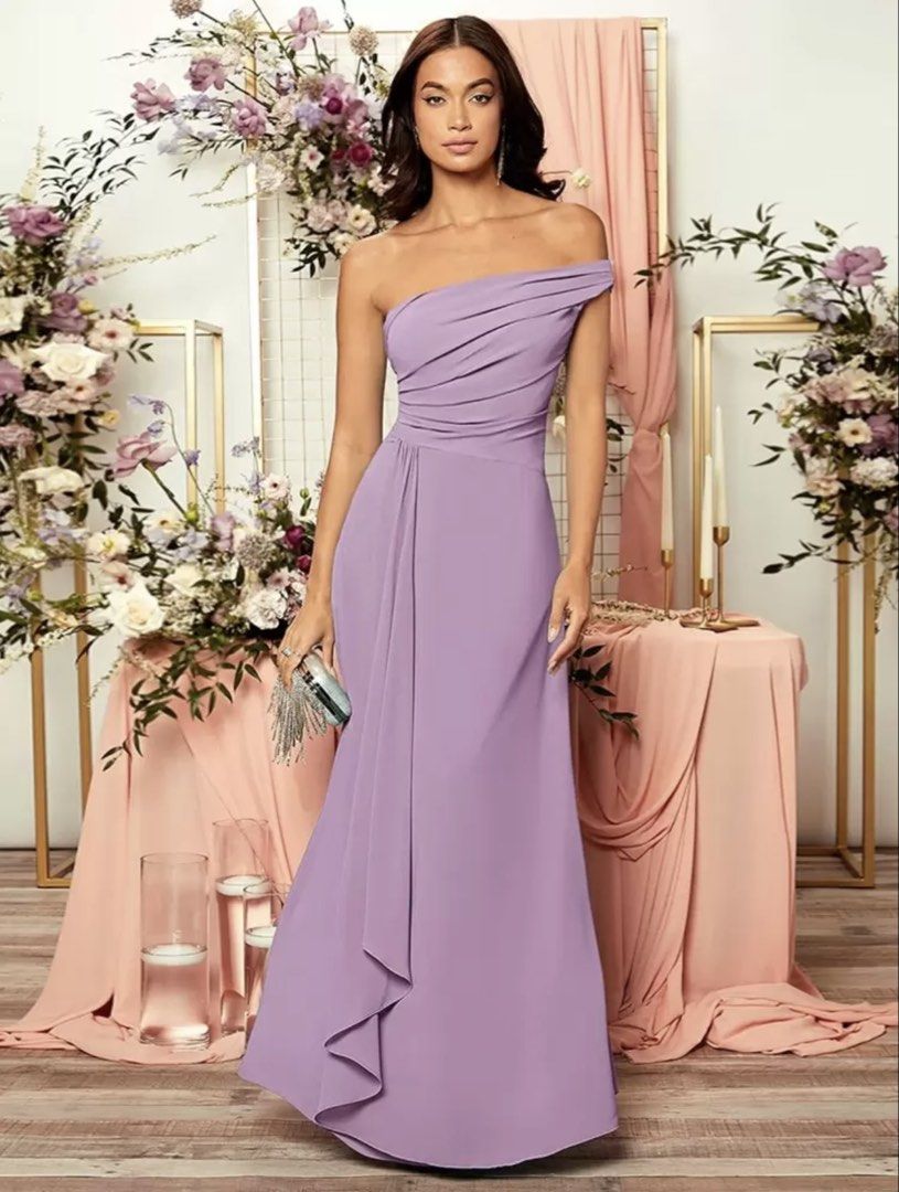One-Shoulder Maxi Dress (Category: Dresses) located in Davao. Submitted by paula.bbb (Listing ID 1471067552, Image 2). Description: - Color: Lavender - Size: Waist 29 in - Design: One-shoulder with draped pleated bodice - Condition: Worn once for a wedding, no flaws.