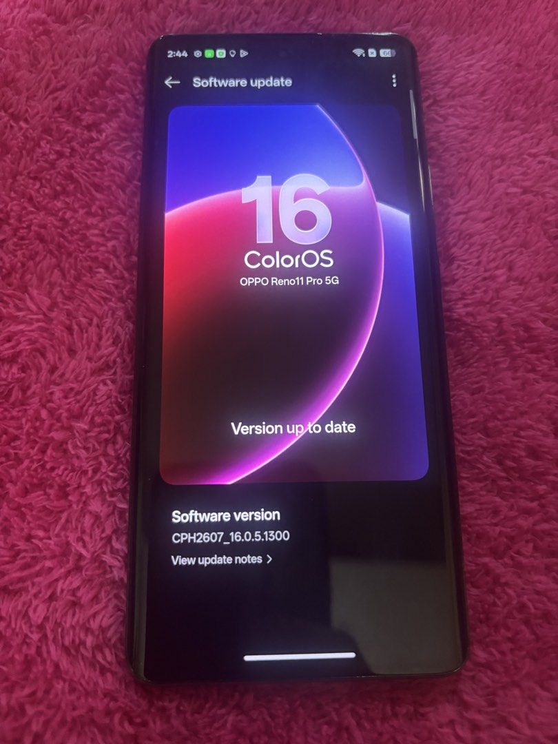 Oppo Reno11 Pro 5G (Category: OPPO) located in Las Pinas. Submitted by mom_eli (Listing ID 1470992662, Image 2). Description: - Brand/Model: Oppo Reno11 Pro 5G (CPH2607) - Storage: 512GB large capacity - Condition: Pre-loved, well-maintained (7/10) - Battery Health: 89% with smart charging features - Software: Updated ColorOS - Inclusions: Original box, fast charger, USB cable, and protective phone case.