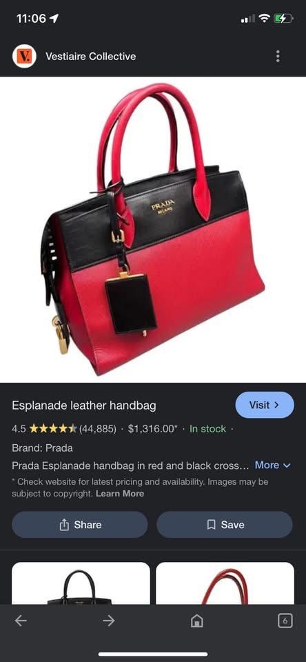 Orig Prada Esplanade Leather Handbag Red Black (Category: Luxury Bags & Wallets) located in Bacolod City. Submitted by chuchaystuffs (Listing ID 1470944904, Image 1). Description: - Authentic Prada Esplanade Handbag - Material: Premium Saffiano leather in contrasting red and black - Hardware: Gold-tone with iconic Prada Milano lettering - Design: Structured trapezoid silhouette with top zip closure - Versatility: Dual top handles and a detachable