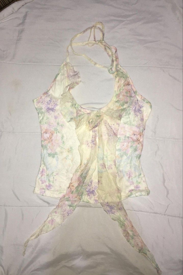 pastel floral mesh halter top (Category: Others Tops) located in Quezon City. Submitted by thriftyzx (Listing ID 1471077576, Image 1). Description: pastel floral mesh halter top Size: Small Excellent Condition No issue 1500 Freeshipping Location: QC.