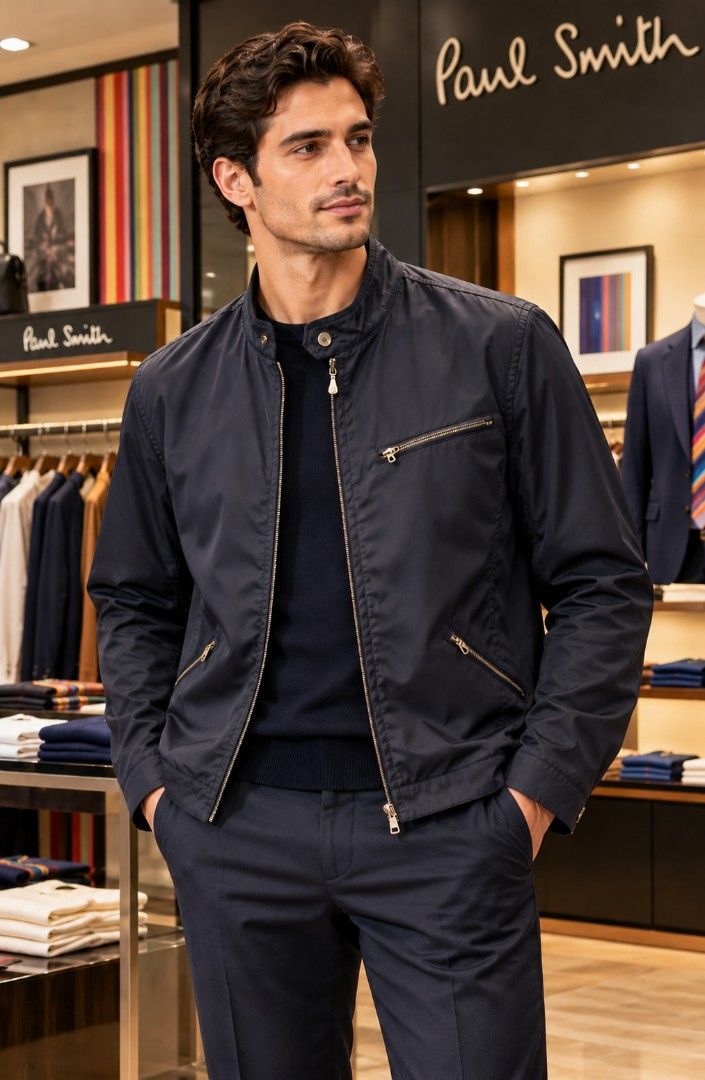 Paul Smith London Navy Bomber Jacket (Category: Coats, Jackets and Outerwear) located in Baguio. Submitted by give_fad15730 (Listing ID 1471074181, Image 1). Description: - Brand: Paul Smith London - Color: Navy Blue - Size: Large - Closure: Front zip with stand collar and button fastening - Pockets: One chest pocket and two side pockets with zipper details - Design: Smooth fabric exterior with clean back seam detailing - Condition: Great outer l