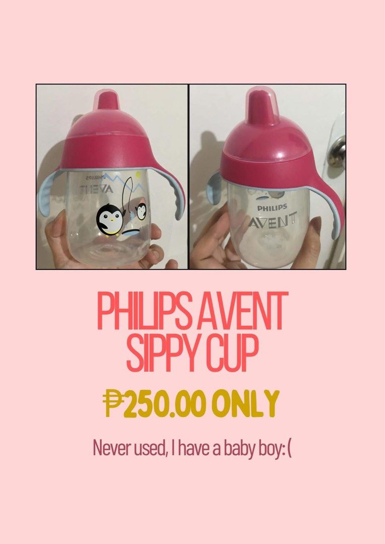 Philips Avent Sippy Cup Pink Penguin (Category: Breastfeeding & Bottle Feeding) located in Manila. Submitted by celle_nichefinds (Listing ID 1471113477, Image 1). Description: - Brand: Philips Avent - Design: Cute penguin graphics in pink with blue handles and matching pink cap - Condition: Brand new, never used (received as a gift for a baby boy instead) - Features: Clear bottle, reliable and leak-resistant toddler drinkware - Great deal for par
