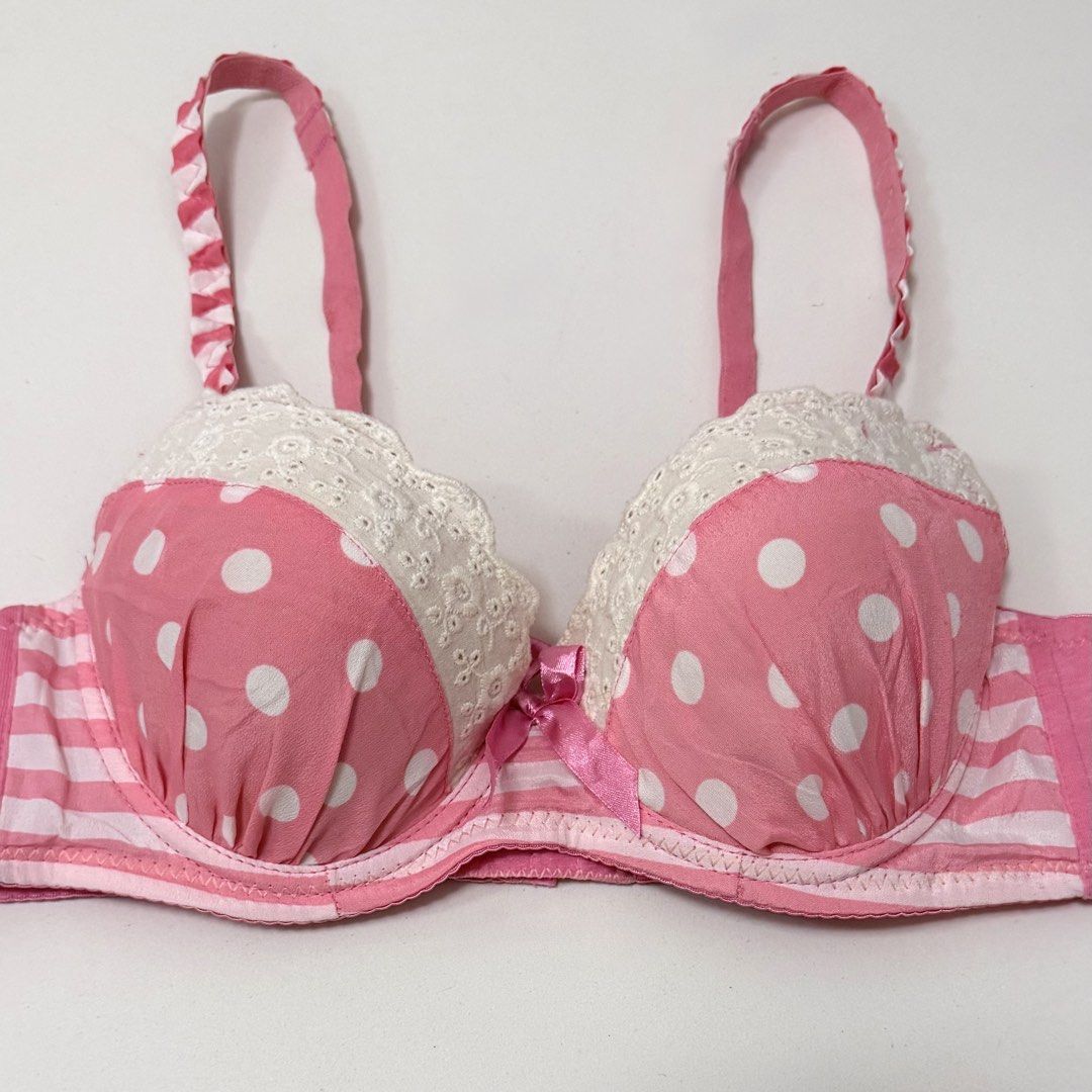 Pink & White Polka/Stripes Push-up Bra [34B] (Category: Undergarments & Loungewear) located in Malabon City. Submitted by k_intimates (Listing ID 1471098300, Image 3). Description: Details: • Size 34B / wired / push-up • Sign of wear mainly on the cotton fabric only • Pink and white polka dot and striped underwire bra with white lace trim and a small center bow..