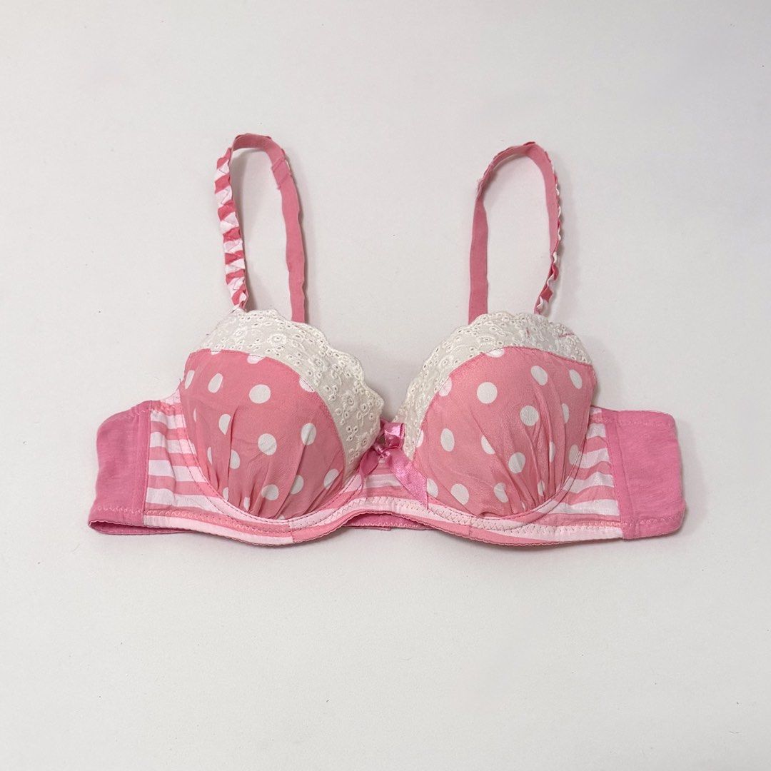 Pink & White Polka/Stripes Push-up Bra [34B] (Category: Undergarments & Loungewear) located in Malabon City. Submitted by k_intimates (Listing ID 1471098300, Image 1). Description: Details: • Size 34B / wired / push-up • Sign of wear mainly on the cotton fabric only • Pink and white polka dot and striped underwire bra with white lace trim and a small center bow..
