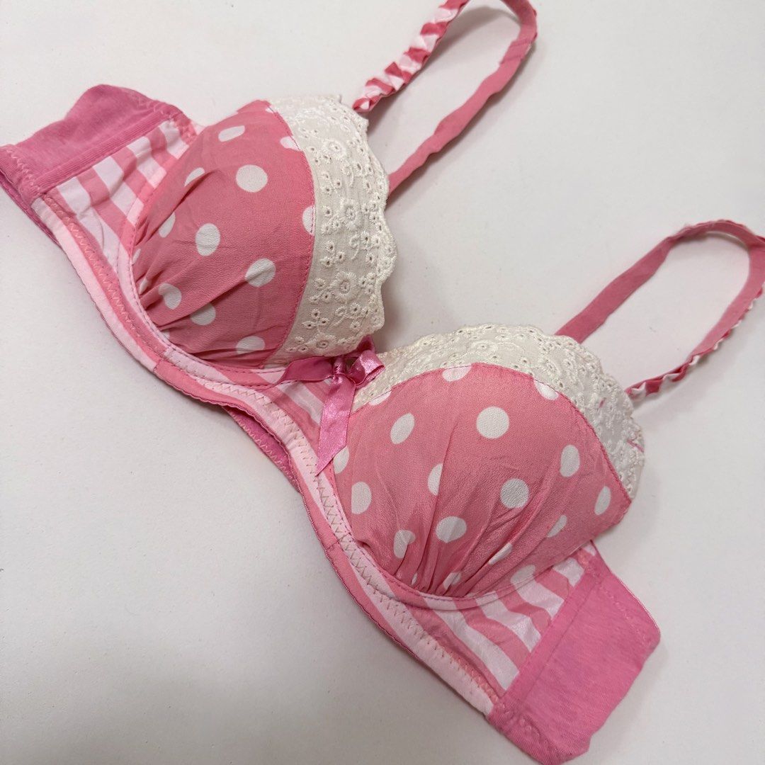 Pink & White Polka/Stripes Push-up Bra [34B] (Category: Undergarments & Loungewear) located in Malabon City. Submitted by k_intimates (Listing ID 1471098300, Image 2). Description: Details: • Size 34B / wired / push-up • Sign of wear mainly on the cotton fabric only • Pink and white polka dot and striped underwire bra with white lace trim and a small center bow..