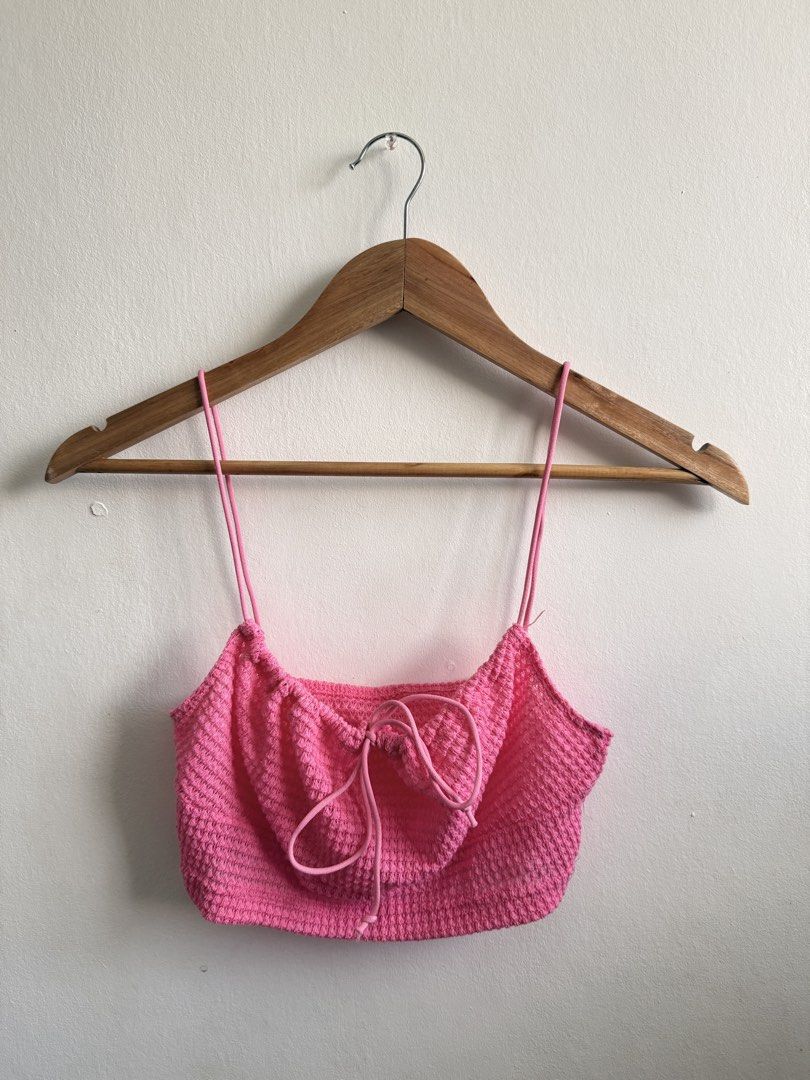 Pink Crocheted Cami Crop Top with Drawstring (Category: Sleeveless) located in Caloocan City. Submitted by elle0001 (Listing ID 1470979889, Image 1). Description: - Thin spaghetti straps and adjustable center drawstring tie - Cropped length - Can fit XS-S only 📍NORTH CALOOCAN.