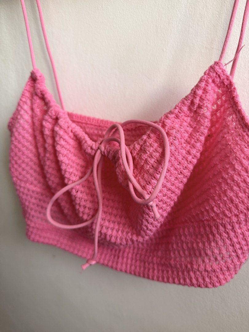 Pink Crocheted Cami Crop Top with Drawstring (Category: Sleeveless) located in Caloocan City. Submitted by elle0001 (Listing ID 1470979889, Image 2). Description: - Thin spaghetti straps and adjustable center drawstring tie - Cropped length - Can fit XS-S only 📍NORTH CALOOCAN.