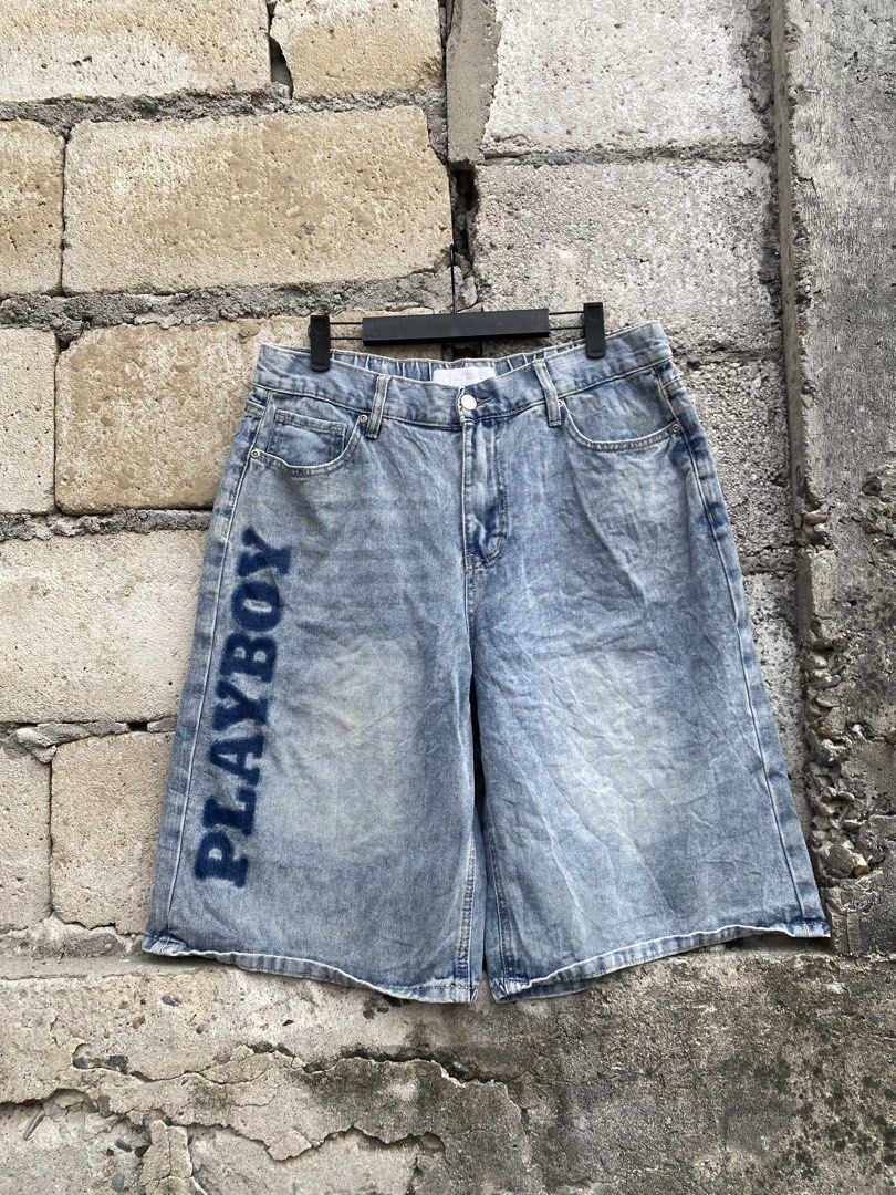 Playboy Denim Jorts Light Wash (Category: Shorts) located in Candaba. Submitted by dejesus.bench17 (Listing ID 1470932241, Image 2). Description: - Brand: Playboy - Item: Light wash denim jorts - Size: 11 - Waist: Elastic band at the back with front button and zipper fly - Details: Embroidered Playboy bunny logo on both back pockets - Graphic: Bold 'PLAYBOY' lettering printed down the right leg - Condition: Excellent -Dimes: W30-34 L23 Hem13 -Pri
