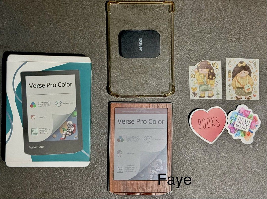 Pocketbook Verse Pro Color 16gb e-reader (Category: E-Readers) located in Antipolo. Submitted by kriskringle33 (Listing ID 1471002905, Image 2). Description: Brand: Pocketbook Model: Verse Pro Color Capacity: 16gb Color: Stormy Sea No scratches No dents Used for manga reading only Inclusions: Original box Unused stickers Used clear case with magnetic plate Installed matter screen protector Installed wood grain skin front, back and sides Message m