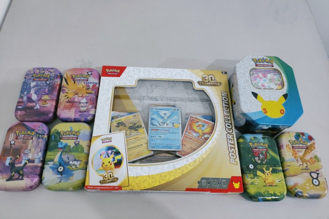 Pokemon 30th Anniversary Products (Category: Card Packs) located in Manila. Submitted by allanhs (Listing ID 1470966602, Image 2). Description: ENGLISH Pokemon 30th Packs 🏷️Mini Tin (can choose design) - Php1500 🏷️Poster Collection - Php3200 🏷️Sylveon Ex Tin - Php3500 Limited supplies. Packs have small packaging cut as per our local stores policy 👍👍.