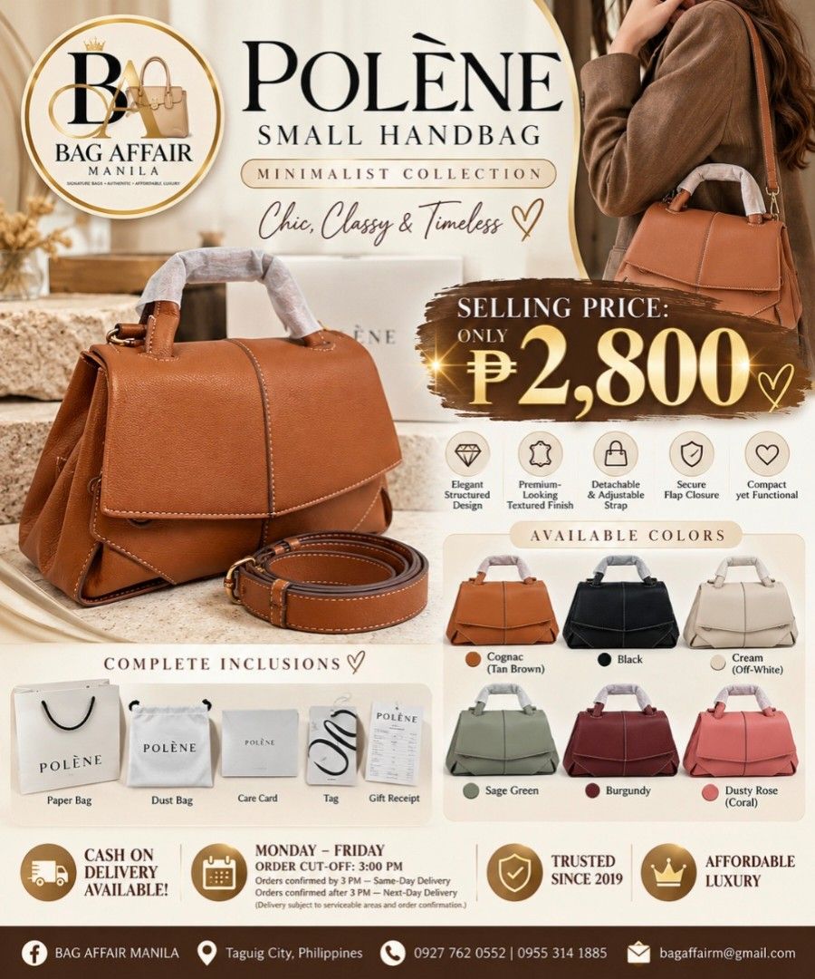 POLÈNE SMALL HANDBAG (Category: Shoulder Bags) located in Makati City. Submitted by bagaffairmanila (Listing ID 1471024229, Image 1). Description: 🤎✨ ELEGANCE DOESN'T HAVE TO BE EXPENSIVE! ✨🤎 👜 POLÈNE SMALL HANDBAG 💕 Minimalist Collection | Chic, Classy & Timeless 💖 LUXURY FOR LESS! Your new everyday favorite is here! 😍 Featuring a beautifully structured silhouette, elegant curved details, and a sophisticated minimalist design. Perfect for 