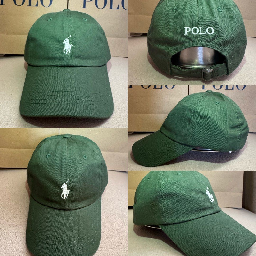 Polo Ralph Lauren Dark Green Baseball Cap (Category: Caps & Hats) located in Gapan. Submitted by amci26 (Listing ID 1471088279, Image 1). Description: - Brand: Polo Ralph Lauren original with paper bag - Color: Dark green with white embroidery - Material: Clean cotton twill - Design: Classic baseball hat with curved brim - Details: White embroidered polo player on front and POLO text on the back - Closure: Adjustable metal buckle with embossed br