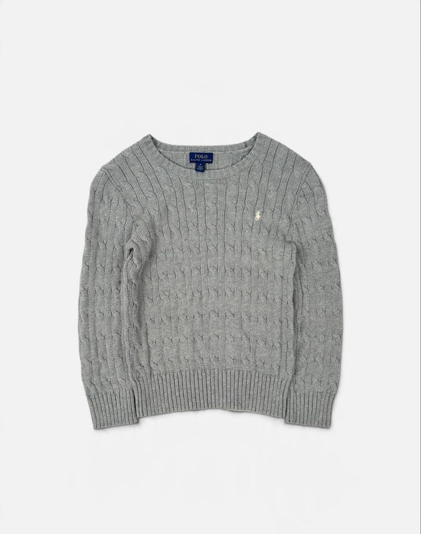 Polo Ralph Lauren Grey Cable (Category: Longsleeves) located in Manila. Submitted by draftdrops (Listing ID 1470948312, Image 1). Description: Embroidered side logo, cable knit and excellent condition Width :14 Length :16 Size:xs(Womens ).