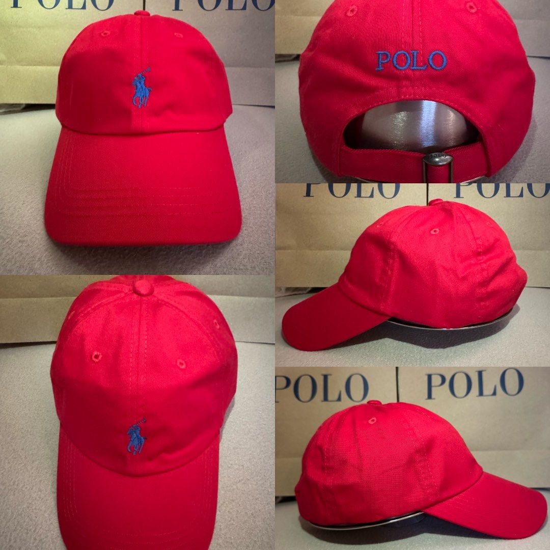 Polo Ralph Lauren Red Cap (Category: Caps & Hats) located in Gapan. Submitted by amci26 (Listing ID 1471089690, Image 1). Description: - Authentic Polo Ralph Lauren cap in bright red with paper bag - Blue embroidered pony logo on the front - Matching blue POLO lettering embroidered above the back strap - Adjustable metal strap closure for a custom fit - Classic six-panel design with ventilation eyelets - Clean condition, ready to wear.