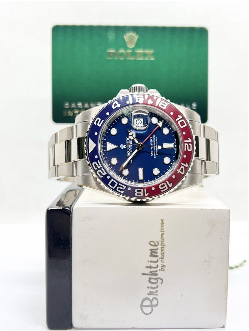 Pre Owned Rolex Oyster Gmt Master II 126719BLRO “Pepsi” Blue Dial Automatic White Gold Casing Bracelet ( Nov 25 ) (Category: Watches) located in Singapore. Submitted by brightime (Listing ID 1471042747, Image 2). Description: Pre Owned Rolex Oyster Gmt Master II 126719BLRO “Pepsi” Blue Dial Automatic White Gold Casing Bracelet ( Nov 25 ) ** Pre-Owned ** ** Mint Condition With Protective Film ** Model : 126719BLRO Also known as : Oyster Gmt Master
