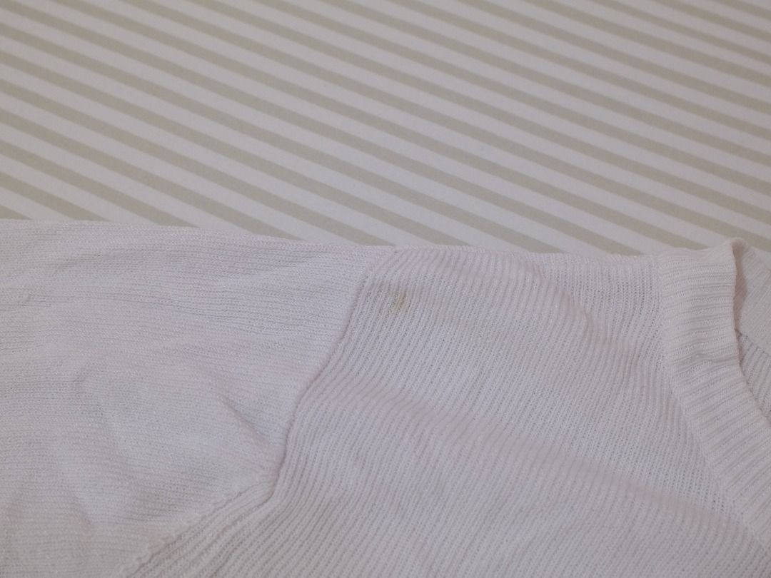 Pre-Loved Clothes | White Knit Cardigan with Single Button (Category: Coats, Jackets and Outerwear) located in Obando. Submitted by chokbotsss (Listing ID 1471015971, Image 3). Description: Pre-Loved Clothes - Price: 50 - Brand: N/A - Color: White - Size: N/A - Issue: Has grey stain around front right shoulder, small hol Payment: Gcash/Bank Transfer Delivery: Lalamove/LBC Location: Maysilo, Malabon City.