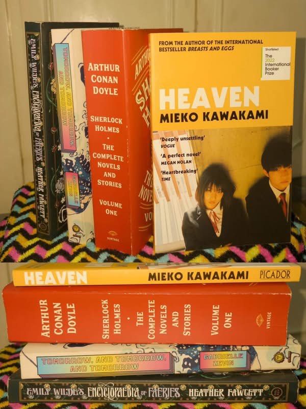 Pre-loved paperback books (Category: Storybooks) located in Manila. Submitted by bbangcart (Listing ID 1470984011, Image 1). Description: 🛒📚 pre-loved books 👾 Tomorrow, and Tomorrow, and Tomorrow - 350 (good condi) 💫 Heaven - 400 (like new) 🕵️ Sherlock Holmes Vol.1 - 330 (folded corner) ✅ all AUTHENTIC from fully booked 📋 gcash/maribank | j&t/lalamove — 2-5 days to ship, within 24 hrs if lalamove.