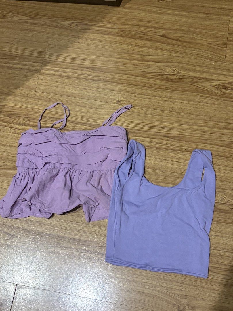 Purple Tank Tops (Category: Sleeveless) located in Antipolo. Submitted by robin.cc (Listing ID 1471041732, Image 1). Description: - Bundle includes: 1 ruffled purple camisole (thin straps) and 1 solid purple tank top (thick straps) .