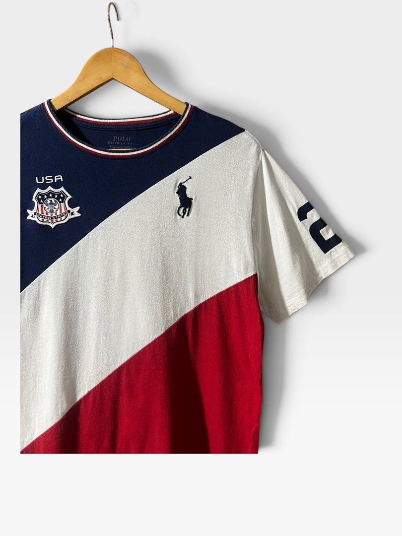 Ralph Lauren USA “2” Shirt (Category: Tshirts & Polo Shirts ) located in Tagum. Submitted by graveyard_archive.ph (Listing ID 1471082564, Image 2). Description: L youth size pasok Small 18.4x26.4 Very Good Condition Cr: 9/10 yellow stains on white part & minimal lints (washable).