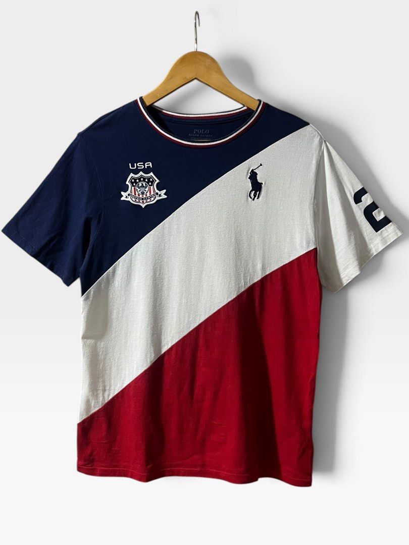 Ralph Lauren USA “2” Shirt (Category: Tshirts & Polo Shirts ) located in Tagum. Submitted by graveyard_archive.ph (Listing ID 1471082564, Image 1). Description: L youth size pasok Small 18.4x26.4 Very Good Condition Cr: 9/10 yellow stains on white part & minimal lints (washable).