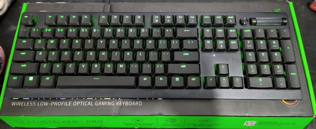 Razer DeathStalker V2 Pro Wireless Optical Gaming Keyboard (Category: Computer Keyboard) located in Manila. Submitted by pc.everything (Listing ID 1471007543, Image 3). Description: - Model: Razer DeathStalker V2 Pro Wireless Low-Profile Optical Gaming Keyboard - Layout: Full-size with dedicated media roller and multimedia buttons - Lighting: Fully functional customizable RGB backlighting - Performance: Top-class connectivity and ultra-long batte