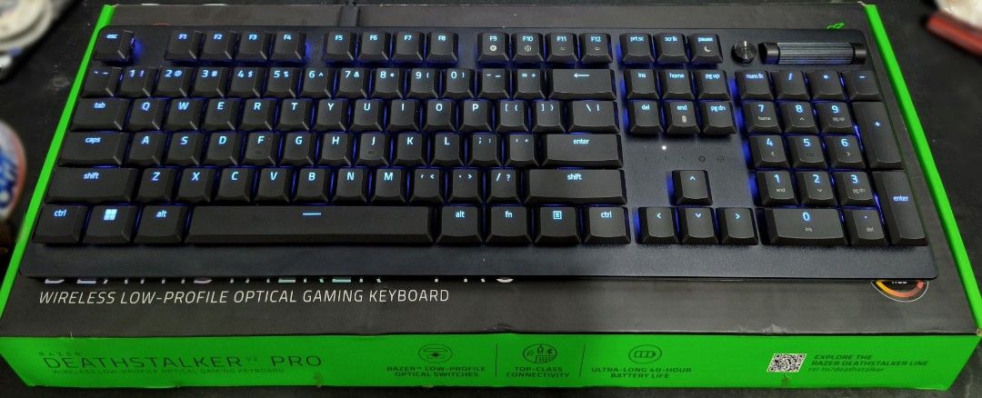 Razer DeathStalker V2 Pro Wireless Optical Gaming Keyboard (Category: Computer Keyboard) located in Manila. Submitted by pc.everything (Listing ID 1471007543, Image 2). Description: - Model: Razer DeathStalker V2 Pro Wireless Low-Profile Optical Gaming Keyboard - Layout: Full-size with dedicated media roller and multimedia buttons - Lighting: Fully functional customizable RGB backlighting - Performance: Top-class connectivity and ultra-long batte