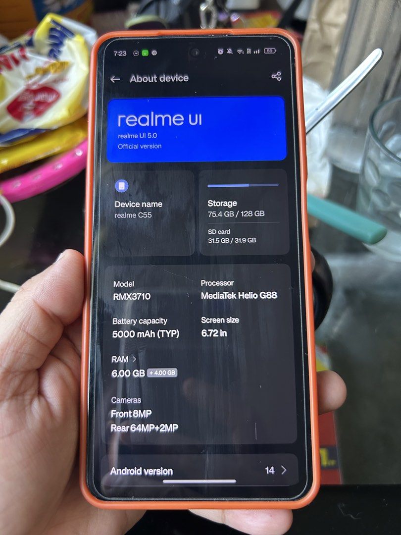 Realme C55 128gb (Category: Realme) located in Muntinlupa City. Submitted by jessicaesp11 (Listing ID 1470983051, Image 2). Description: Realme C55 128gb. No issue, may konting itim lang sa bandang taas, pero hindi halata and not affecting performance. Malinaw camera. Pang gaming. Reason for selling: upgrade to iphone/ extra phone only Negotiable pa. Meet up Tanauan or sto tomas. Unli test..