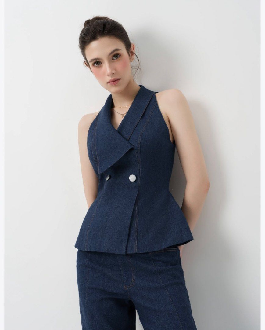 Rechic Vietnam Soft Denim Halter Top (Category: Sleeveless) located in Davao. Submitted by krau_ (Listing ID 1470991799, Image 1). Description: Selling lower than SRP! Last price! Soft denim halter top. Buttons are not functional. No stretch This fits XS-S best.