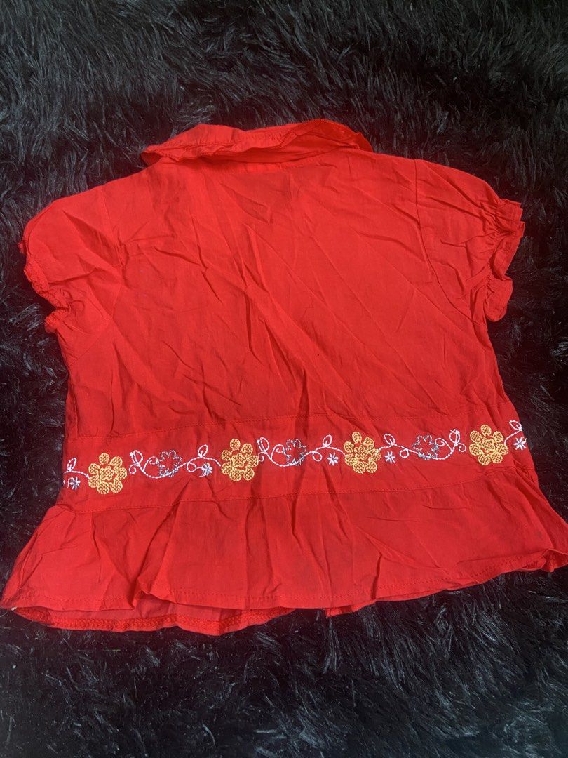 Red Blouse for Girls (Category: Babies & Kids Fashion) located in Manila. Submitted by ms_dcollectionph (Listing ID 1471036200, Image 2). Description: Super cute red button-down blouse with floral embroidery. Comfy everyday outfit for toddlers and young girls..
