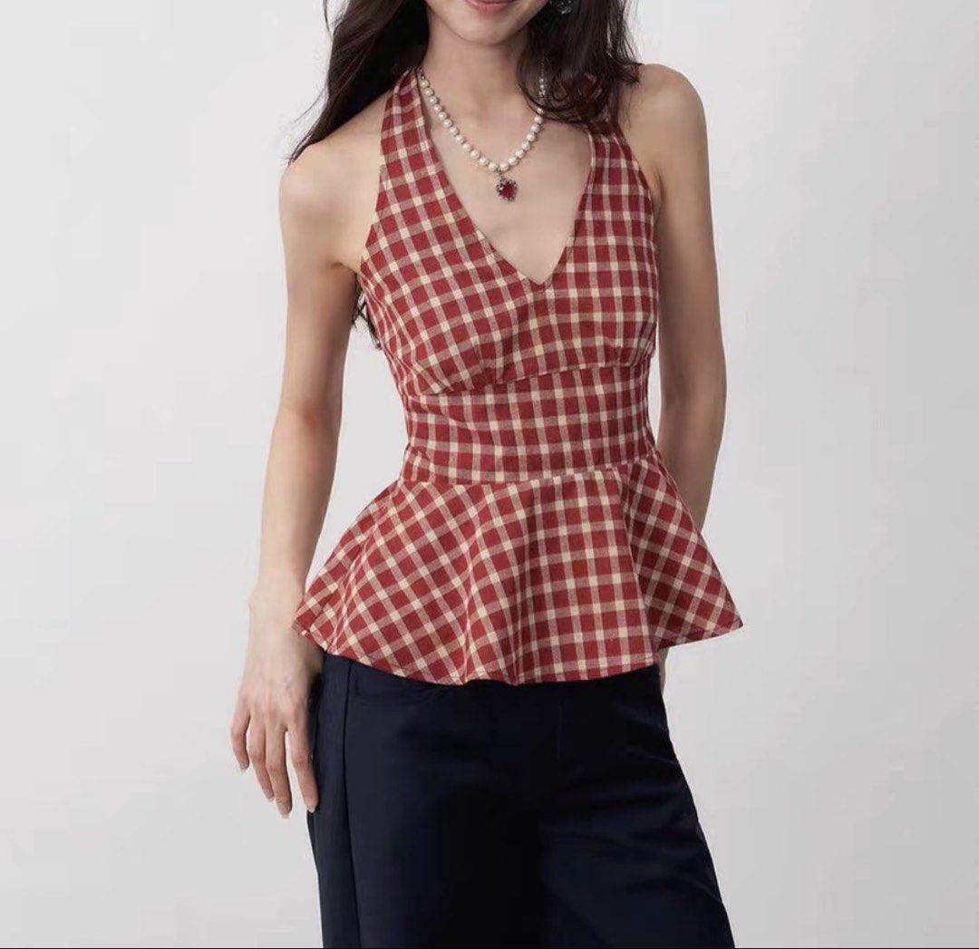 Red Checkered Halter Top (Category: Others Tops) located in Caloocan City. Submitted by _shellly (Listing ID 1471019939, Image 1). Description: Used once Good as new It can fit small to large Length: 21.6 inches Chest Circumference: 38.5 inches Waist: 15.4 inches.