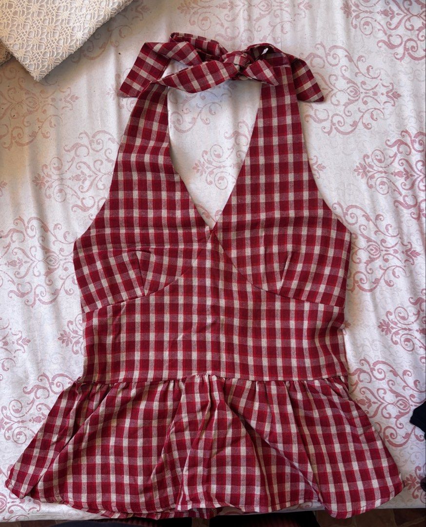 Red Checkered Halter Top (Category: Others Tops) located in Caloocan City. Submitted by _shellly (Listing ID 1471019939, Image 2). Description: Used once Good as new It can fit small to large Length: 21.6 inches Chest Circumference: 38.5 inches Waist: 15.4 inches.