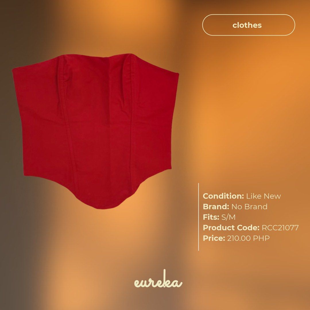 Red Corset Top (Category: Sleeveless) located in Pagadian. Submitted by .eureka. (Listing ID 1471060999, Image 1). Description: - Color: vibrant red - Style: strapless corset top with structured paneling and dipped front hem - Fit: fits small to medium - Versatility: sleek, minimal design, easy to style with denim or high-waisted skirts.