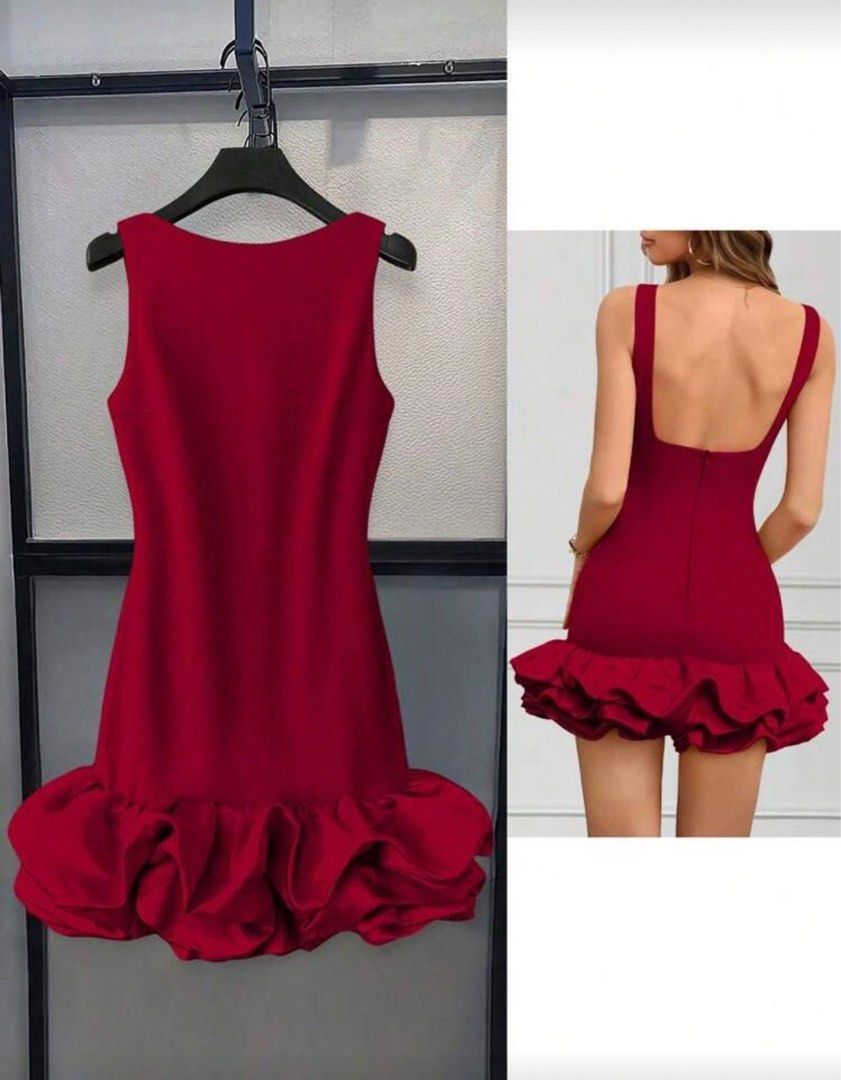 Red mini dress with dramatic ruffle hem (Category: Dresses) located in Manila. Submitted by cielopenaf02780 (Listing ID 1471063430, Image 3). Description: - Color: Vibrant red - Style: Sleeveless mini dress with dramatic voluminous ruffle hem - Fit: Fitted bodice with low scoop back and hidden back zipper closure - Material: Smooth fabric with slight stretch for comfort - Occasion: Perfect for parties, dates, or nights out - Note: Measurements av