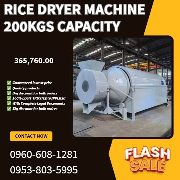 rice dryer machine 200kgs capacity (Category: Everything Else Others) located in Caloocan City. Submitted by nataliemor30968 (Listing ID 1470999583, Image 1). Description: ●Model:200 ●Capacity:200KG/Batch ●Heat power:30-40kw ●Dryer drum size:Φ0.95*1.64mm ●Dimension:2.6*1.2*1.5mm ●Including Moisture suction system .