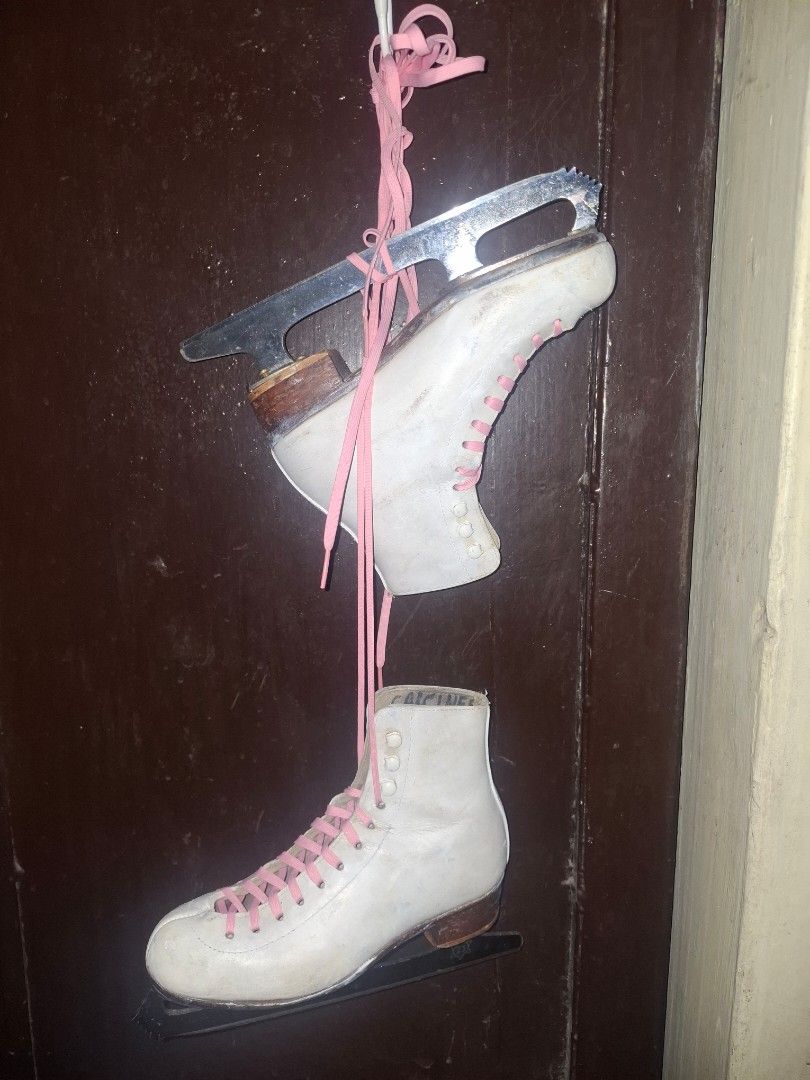 Riedell White Ice Skates with Pink Laces (Category: Skates, Rollerblades & Scooters) located in Taguig. Submitted by hanniedew (Listing ID 1471083113, Image 2). Description: - Authentic Riedell ice skates, proudly made in the USA - Genuine white leather boots with classic brown stacked heels - Traditional figure skating setup fitted with vibrant bright pink laces - Sturdy metal blades included, ready for the rink - Soles feature stamped Riedell b