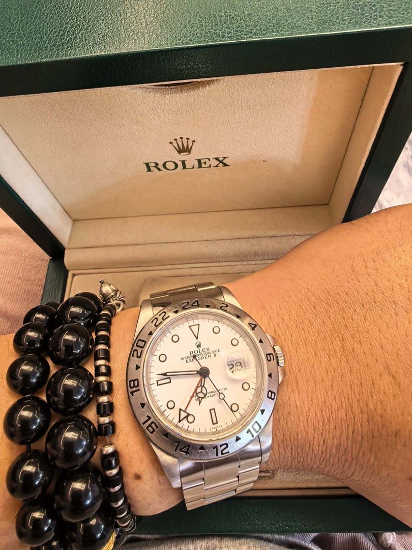 Rolex Oyster Perpetual Date Explorer II White Dial (Category: Luxury Watches) located in Cabanatuan. Submitted by albertgonzales27 (Listing ID 1471044626, Image 2). Description: Rolex explorer II 2001 box and unit avail 510k only - Authentic Rolex Explorer II - Clean white dial featuring signature red GMT hand - Stainless steel Oyster bracelet (model 78790 clasp stamp) - Fixed 24-hour bezel with sapphire crystal - Date window with magnifying cycl
