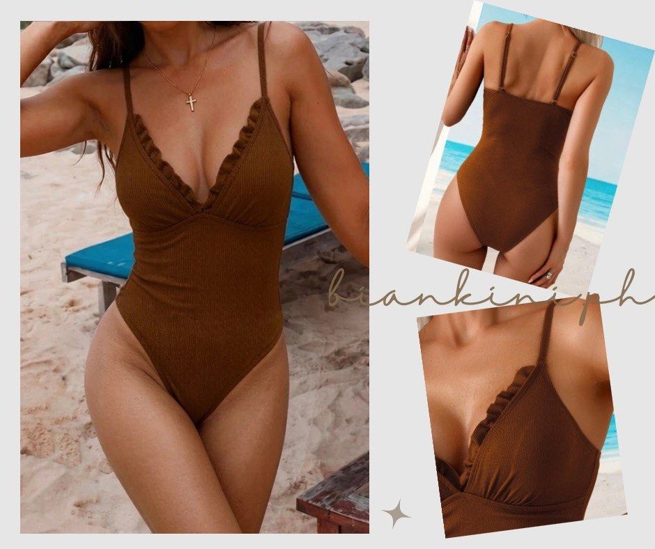Ruffled Front One Piece Brown Swimsuit (Category: Bikinis & Swimsuits) located in Las Pinas. Submitted by kathybianca (Listing ID 1471064682, Image 1). Description: ✅ Brand-new ✅ On-hand .