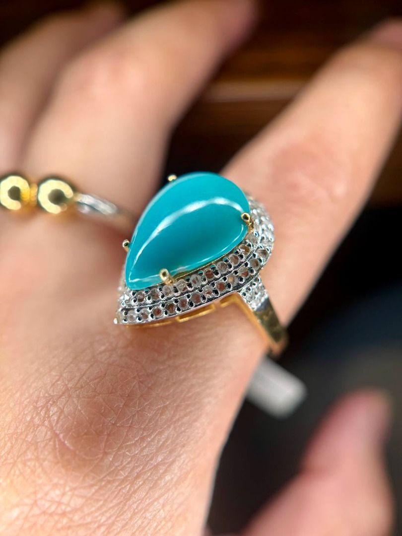 S7.75 Natural Turquoise & Diamonds in S925 Silver | Statement Ring (Category: Rings) located in Baguio. Submitted by asna_taku (Listing ID 1471026252, Image 2). Description: 💙 Natural Turquoise & Diamonds in S925 Silver | Statement Ring 💍✨ A stunning pop of turquoise paired with the brilliance of natural diamonds! 💎 This eye-catching pear-shaped gemstone ring is perfect for ladies who love elegant, distinctive jewelry with a little kikay charm