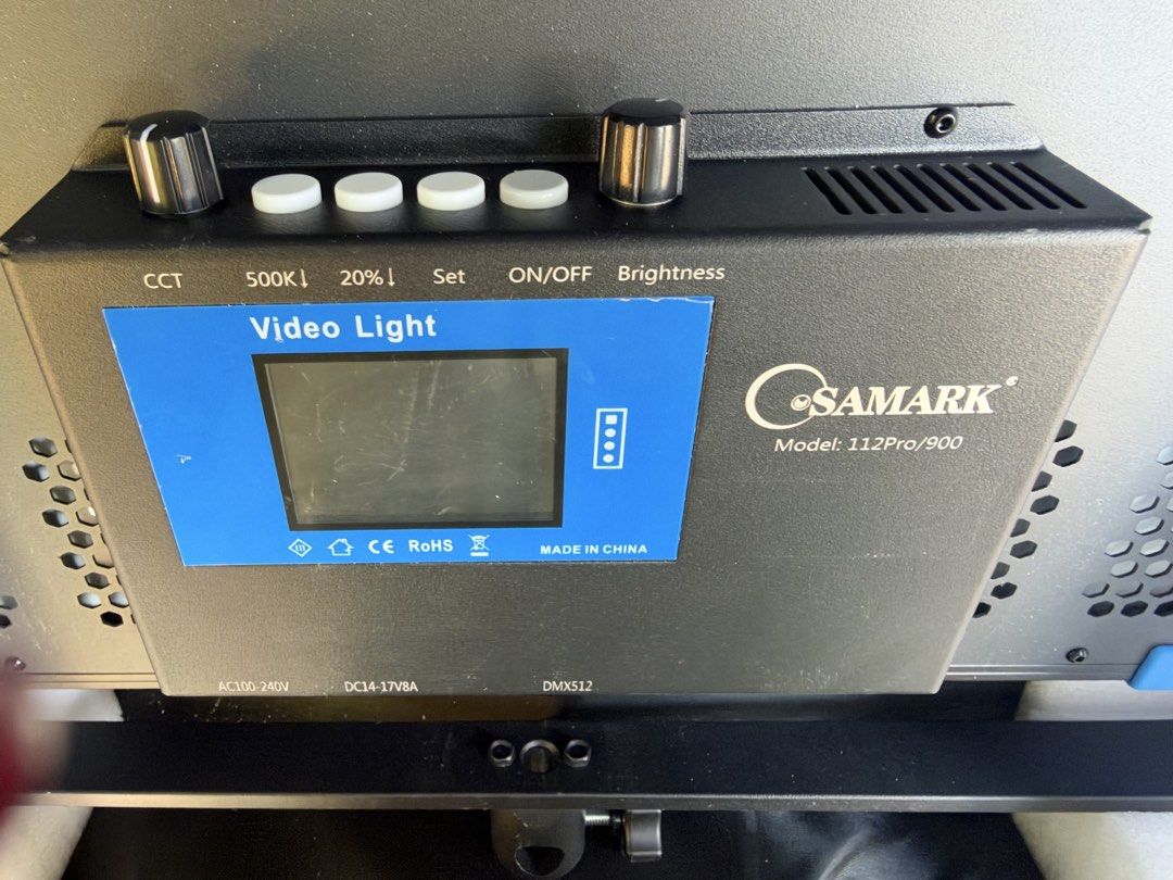 5pcs.samark 112Pro/900 Video Light Panel with Barndoors (Category: Lighting & Studio Equipment) located in Manila. Submitted by katelheen (Listing ID 1471010863, Image 2). Description: - Samark 112Pro/900 professional video light panel - Includes built-in display screen and precise adjustment knobs - Equipped with 4 adjustable metal barndoors for light shaping - Supports AC100-240V, DC14-17V8A, and DMX512 connections - Clean unit, ideal for photo