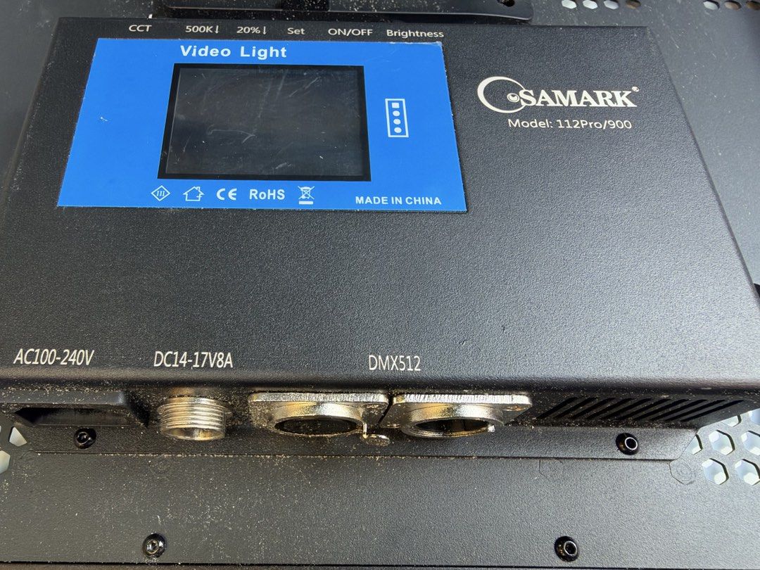 5pcs.samark 112Pro/900 Video Light Panel with Barndoors (Category: Lighting & Studio Equipment) located in Manila. Submitted by katelheen (Listing ID 1471010863, Image 1). Description: - Samark 112Pro/900 professional video light panel - Includes built-in display screen and precise adjustment knobs - Equipped with 4 adjustable metal barndoors for light shaping - Supports AC100-240V, DC14-17V8A, and DMX512 connections - Clean unit, ideal for photo