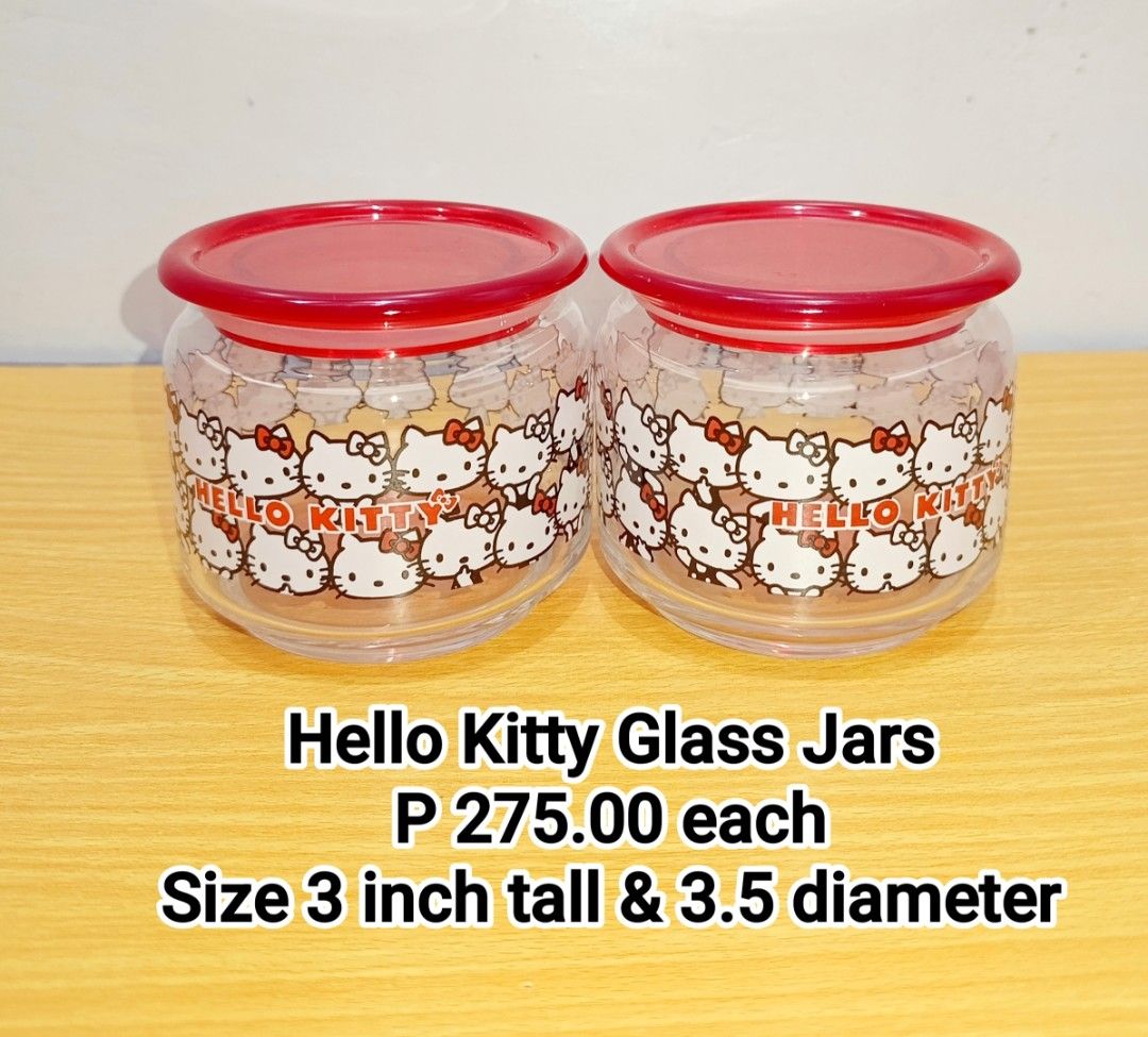 Sanrio Hello Kitty Glass Jars (Category: Food Organization & Storage) located in Binan City. Submitted by mayjhe (Listing ID 1470961888, Image 1). Description: 💛 For Sale 💛 🌸 Sanrio Hello Kitty 🍀 Glass Jars 📍 Condition: Good 💰 Price is ₱ 275.00 each 👉 Other details posted 🇵🇭 Location Biñan Laguna 🛵 Courier J& T and Lalamove 📋 Shipping by schedule 📍 NO COD & COP 📌 All items are carefully packed and labeled with Fragile stickers for br