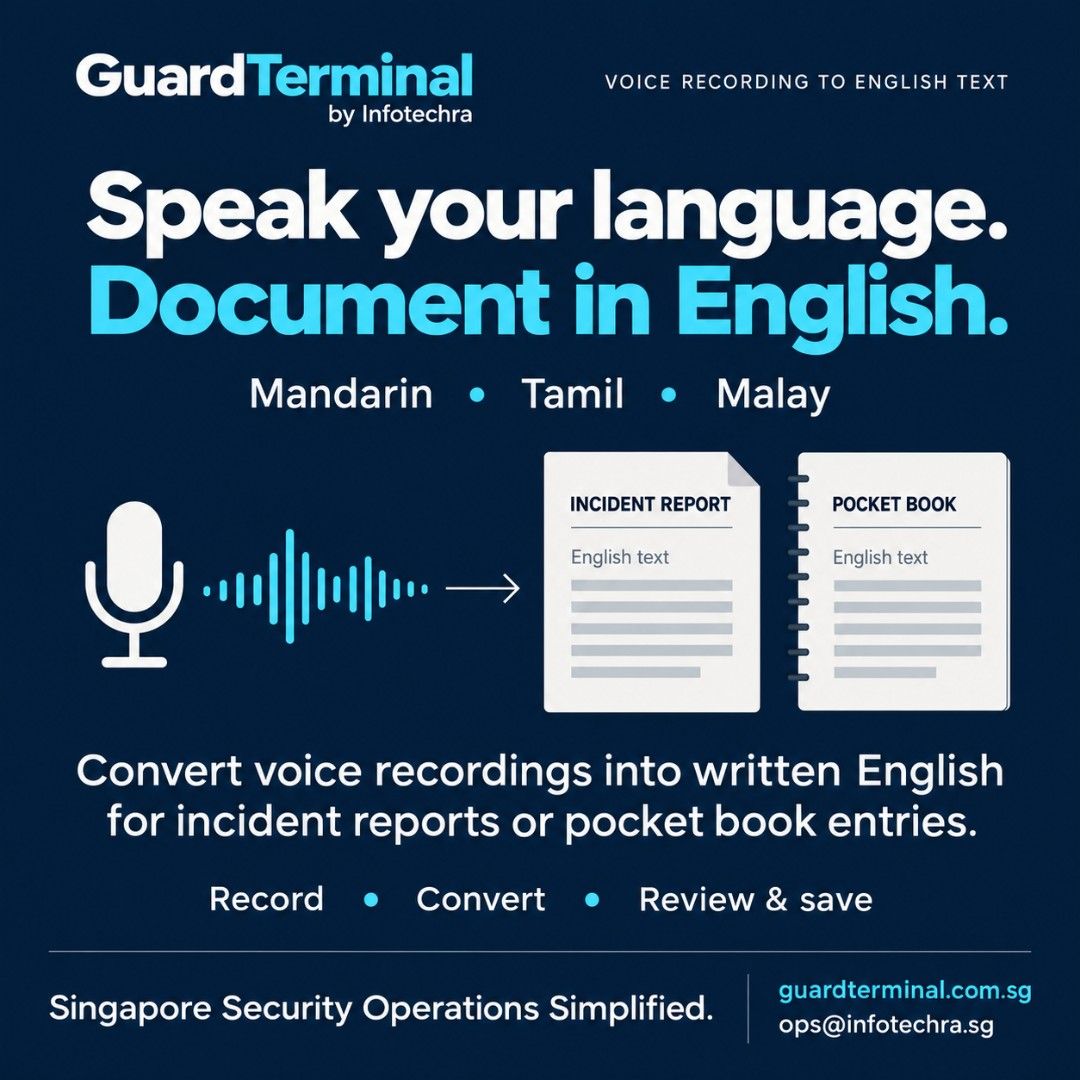 Security Solution Software Application (Category: Software) located in Singapore. Submitted by infotechra (Listing ID 1471051997, Image 2). Description: Simplify your daily security operations with GuardTerminal by Infotechra. 🇸🇬 Bring guard, incident, patrol and visitor management together in one platform—with clear pricing and practical support for your team. ✅ Guard management ✅ Incident reporting and tracking ✅ Patrol management ✅ Visitor m
