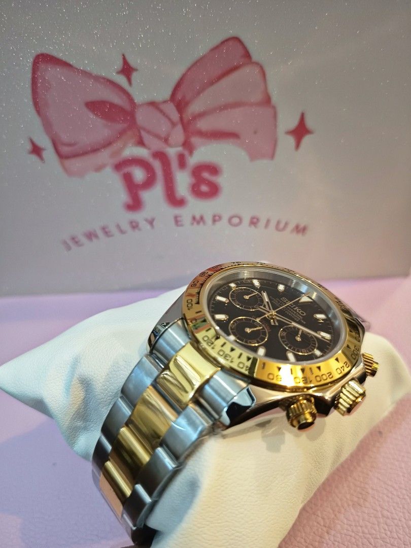 Seiko MOD Daytona two tone gold watch (Category: Luxury Watches) located in General Mariano Alvarez. Submitted by plsjewelryemporium (Listing ID 1470934573, Image 2). Description: Seiko MOD "Seiko Daytona Two Tone gold" Php 4,999 fixed price! Comes with Box and Paperbag - Original Seiko Japan Movement VK63 Mecha/Quartz Hybrid - 904L Highest grade oyster two tone strap & case - Fully Functional Chronograph - Luminous hands and markers - Sapphire C