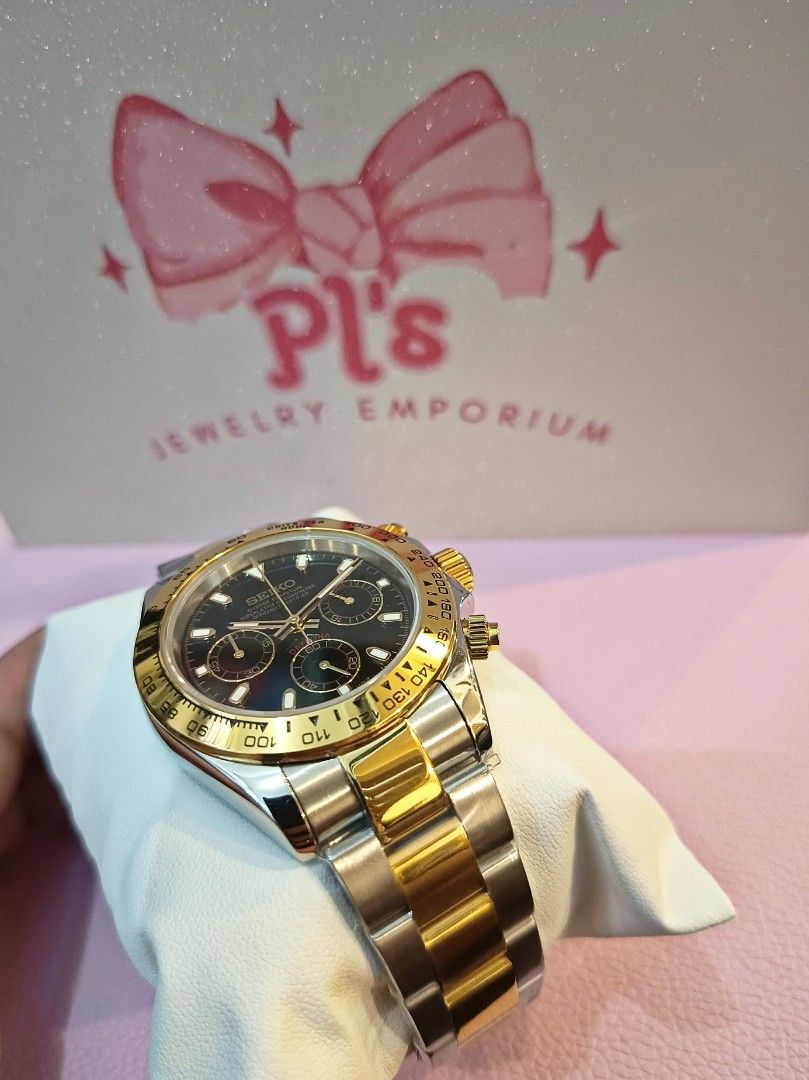 Seiko MOD Daytona two tone gold watch (Category: Luxury Watches) located in General Mariano Alvarez. Submitted by plsjewelryemporium (Listing ID 1470934573, Image 3). Description: Seiko MOD "Seiko Daytona Two Tone gold" Php 4,999 fixed price! Comes with Box and Paperbag - Original Seiko Japan Movement VK63 Mecha/Quartz Hybrid - 904L Highest grade oyster two tone strap & case - Fully Functional Chronograph - Luminous hands and markers - Sapphire C