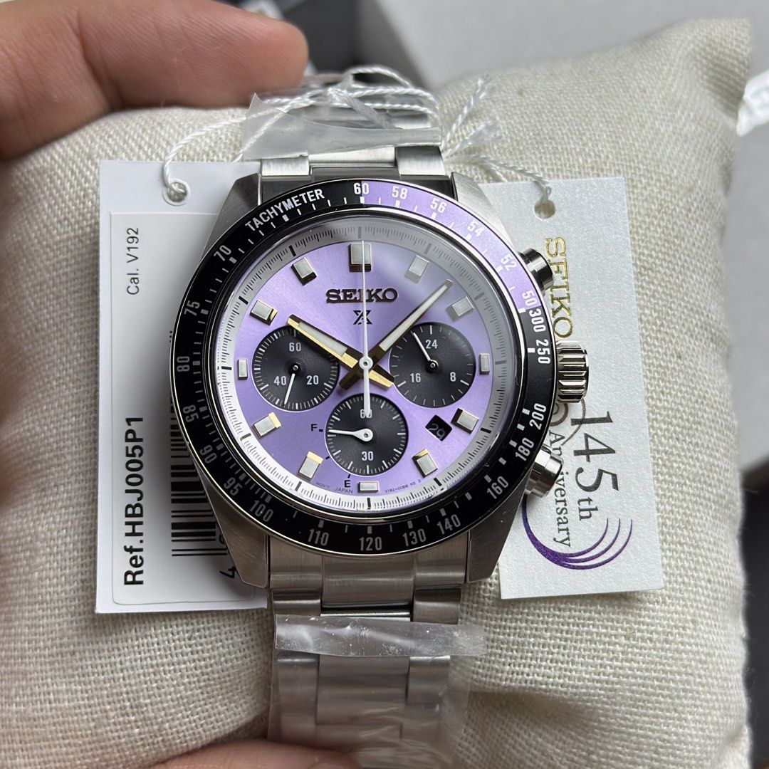 Seiko Prospex Speedtimer “Edo Purple” HBJ005 HBJ005P1 (Category: Men's Watches) located in Manila. Submitted by geraaardtorres (Listing ID 1471101278, Image 1). Description: Brand New Seiko Prospex Speedtimer Solar Chronograph “Edo Purple” Dial 145th Anniversary Limited Edition HBJ005 | HBJ005P1 Limited to 8,000 Pieces Worldwide Specifications: ‣ Caliber V192 Solar Quartz Chronograph ‣ 41.4mm Stainless Steel Case ‣ Approx. 6-Month Power Reserve (