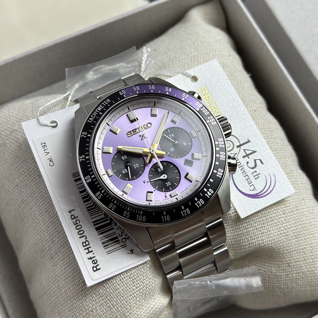 Seiko Prospex Speedtimer “Edo Purple” HBJ005 HBJ005P1 (Category: Men's Watches) located in Manila. Submitted by geraaardtorres (Listing ID 1471101278, Image 2). Description: Brand New Seiko Prospex Speedtimer Solar Chronograph “Edo Purple” Dial 145th Anniversary Limited Edition HBJ005 | HBJ005P1 Limited to 8,000 Pieces Worldwide Specifications: ‣ Caliber V192 Solar Quartz Chronograph ‣ 41.4mm Stainless Steel Case ‣ Approx. 6-Month Power Reserve (