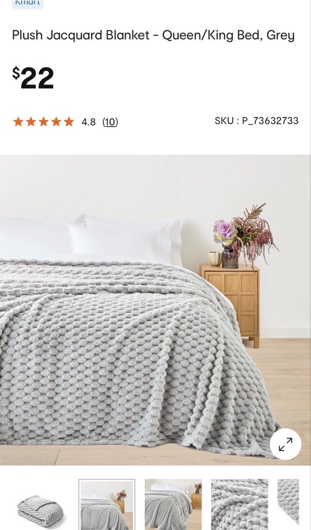 Selling Anko Plush Jacquard Blanket! (Category: Bedding & Towels) located in Pasig City. Submitted by crabramenlover (Listing ID 1471086021, Image 1). Description: 📌 Originally Bought in Australia, Brand new, from Kmart. 📌 Comes in the color grey, Size Queen Bed. 📦Meetup Loc: Estancia, Pasig City..