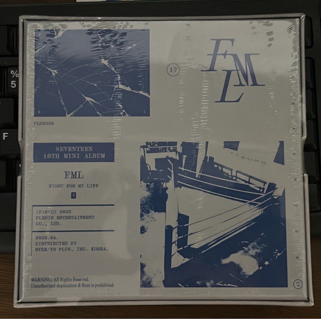SEVENTEEN 10th Mini Album FML (Category: CDs & DVDs) located in Manila. Submitted by declutteringpj24 (Listing ID 1471062926, Image 1). Description: - Album: Seventeen 10th Mini Album - FML - Condition: Brand new, shrink wrap intact - Release Date: April 2023 (Korean Release) - Theme: Fights for my Life - Label: Pledis Entertainment / Hybe / YG Plus - Color Scheme: Blue and white.
