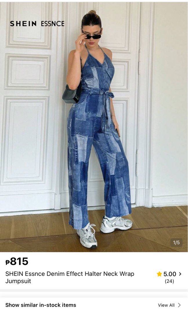SHEIN Denim Design Halter Neck Jumpsuit (Category: Jumpsuits) located in Manila. Submitted by shoppingcentermanila (Listing ID 1470936053, Image 2). Description: Bought this for 800+ Malambot tela, design lang denim. Not really denim fabric. - Brand: SHEIN - Style: Y2K denim effect halter neck wrap jumpsuit - Design: All-over blue patchwork wash print with wide legs - Details: Backless with halter tie strap and matching tie belt at the waist - Pe