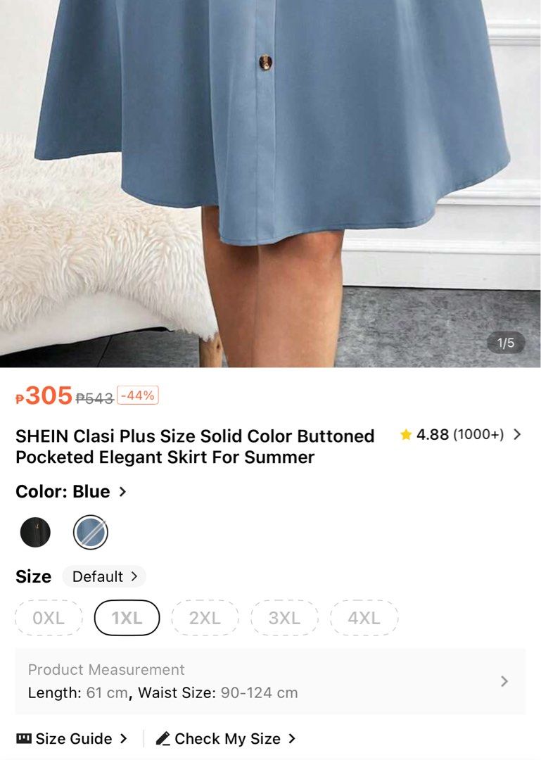 SHEIN Plus Size Blue Buttoned Pocketed Skirt For Summer (Category: Skirts) located in Malolos. Submitted by basementbargain (Listing ID 1471058404, Image 3). Description: Size: 1XL Product Measurement: Length: 61 cm, Waist Size: 90-124 cm.